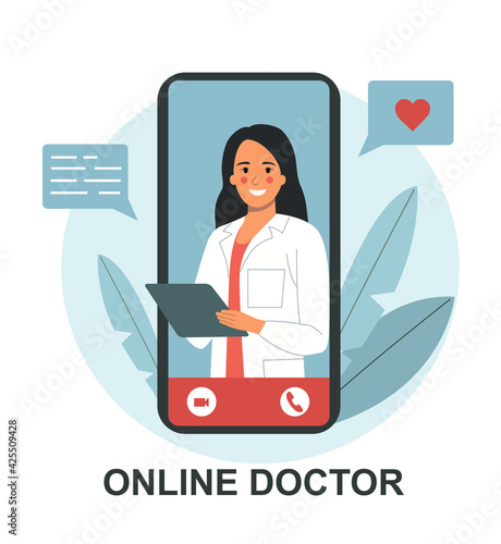 Online doctor woman in the smartphone. Vector flat style cartoon  illustration.