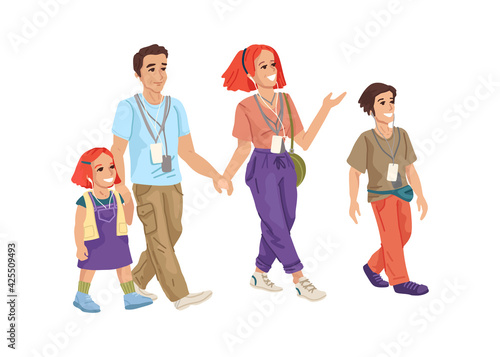 Family with children, tourists, go on an excursion, with badges and headphones. Vector flat cartoon illustration