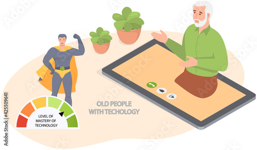Old people play video game. Senior people with different gadgets. Oldster education on computer