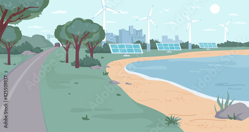 Eco city with renewable energy sources flat cartoon design. Vector ecology friendly environment, windmills and solar panels, green trees and river bank, clean blue sky. Modern town landscape cityscape