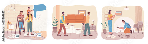 Home repair services, professional workers flat cartoon people. Vector family, child painting wall with roller. Husband and wife glue wallpaper, guys move sofa furniture in room. Ladder, fixing tools