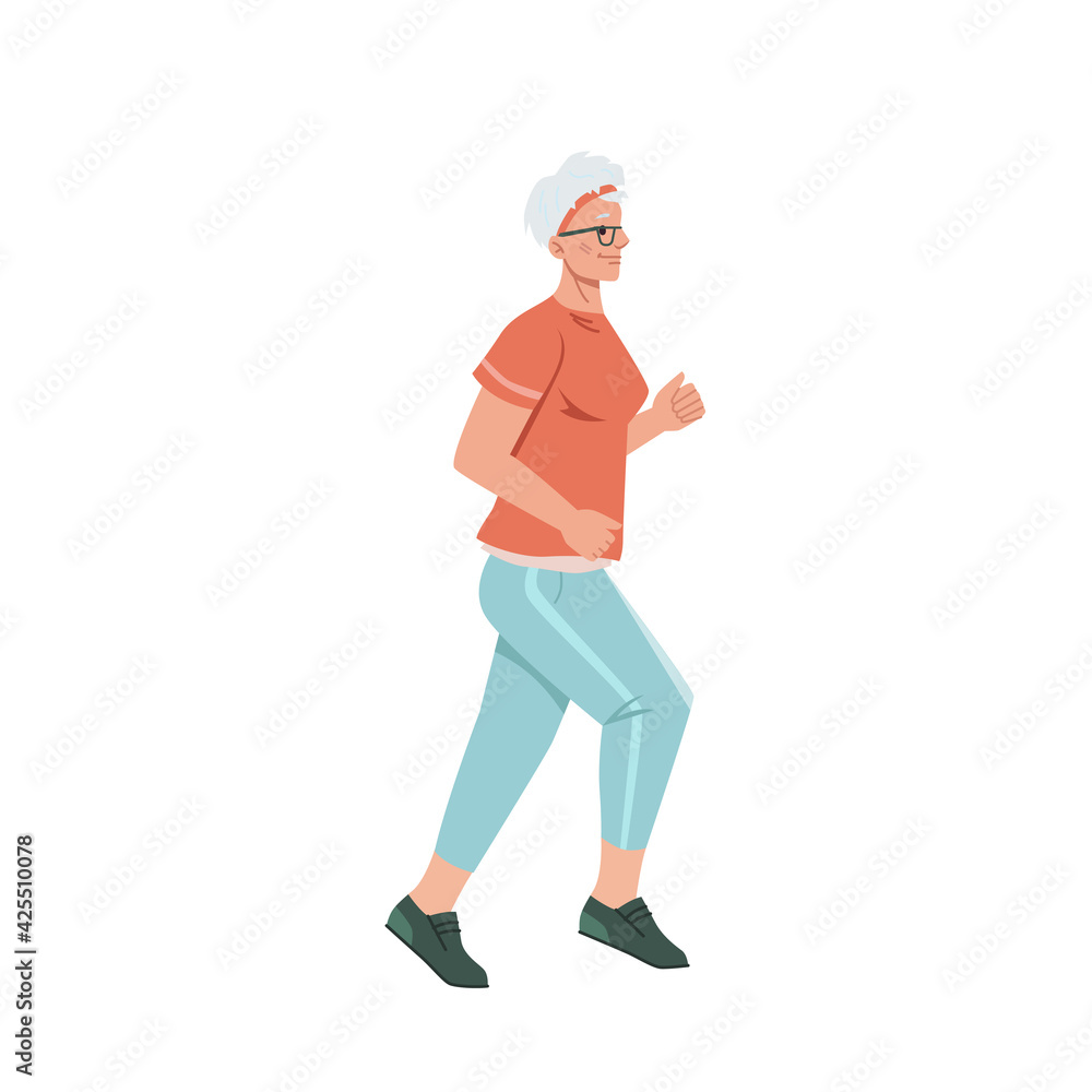 Running senior woman in casual cloth isolated jogging old lady cartoon style character, middle age female, side view. Vector pensioner sportive jogger run workout, movement motion, sport trainings Running senior woman in casual cloth isolated jogging old lady cartoon style character, middle age female, side view. Vector pensioner sportive jogger run workout, movement motion, sport trainings
