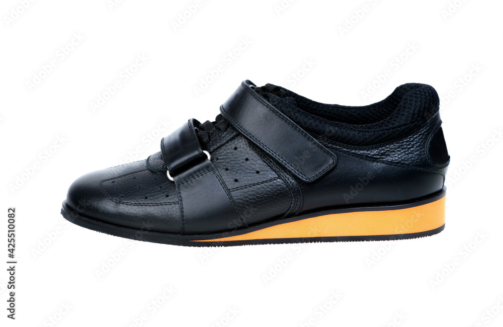 Black weightlifting shoes, on a white background isolated Black weightlifting shoes, on a white background isolated