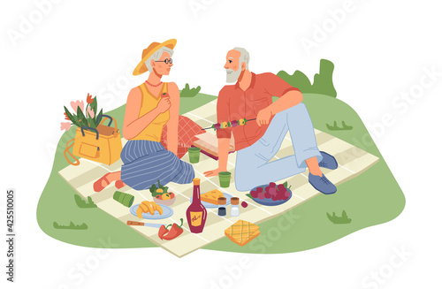 Picnic on nature, mature man and woman sitting on blanket with wine. Vector fruits and vegetables , flat cartoon people isolated. Senior family coupe resting in park garden, basket with products