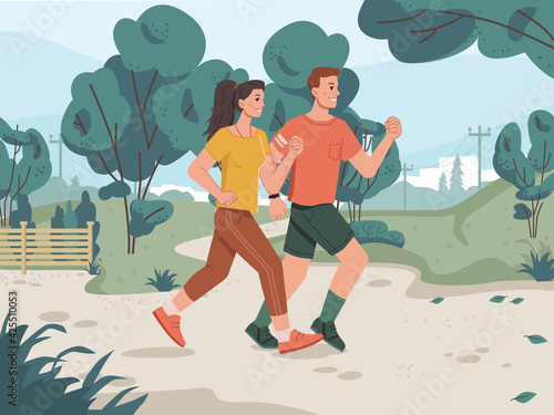 Running man and woman in city park, cityscape scenery landscape on background. Vector green trees, jogging family couple cartoon style characters. Adult sportive joggers, cross marathon outdoor
