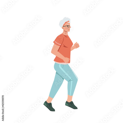 Running senior woman in casual cloth isolated jogging old lady cartoon style character, middle age female, side view. Vector pensioner sportive jogger run workout, movement motion, sport trainings