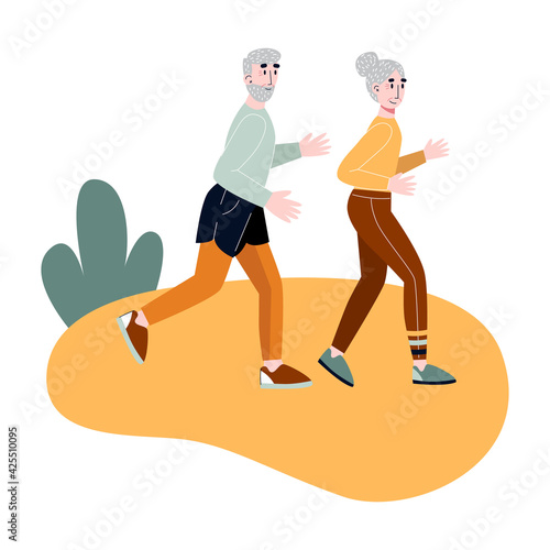 Elderly couple running together. Old couple spends time outdoor. Active retirement concept. Flat vector illustration.