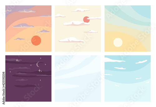 Day and night sky, sunrise and sunset backgrounds set. Vector cloudless summer view of skyline, sunny weather with bright sunlight rays. Beautiful nature, dreaming, inspiration landscapes
