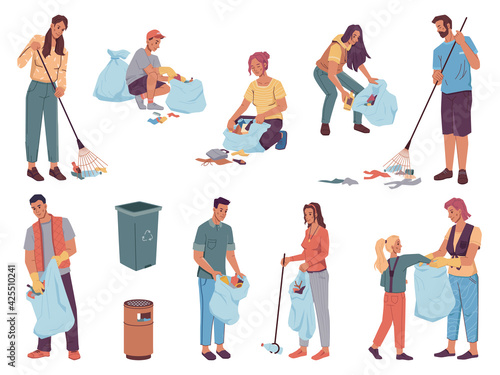 People volunteers cleaning up from wastes, pickup garbage into bags, dust bins, flat cartoon characters design. Vector team of adults and kids protect environment. Man woman collecting trash together