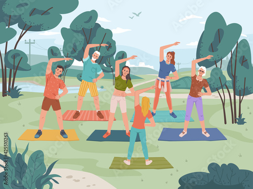 Group fitness outdoor class in city park. Vector yoga exercise on fresh air, man and woman training together with instructor, cartoon characters. Healthy lifestyle, sport activity, landscape scenery