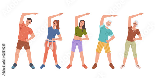 Cartoon people training together stretching hand aside, yoga fitness classes. Vector flat cartoon people doing sport exercises, sportsman training workout. Healthy lifestyle wellness wellbeing