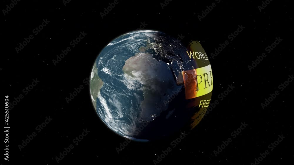 WORLD PRESS FREEDOM DAY cinematic title intro background concept. 4K 3D render World press freedom day banner rotation along with the blue earth on space background. Creative title motion design.