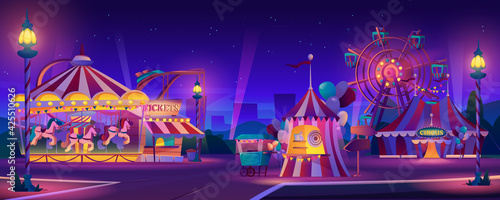 Amusement park at night. Vector festive fair entertainment attractions. Carnival circus tent, ferris wheel, roller coaster, carousel and candy cotton booth, glow illumination. Cityscape on background