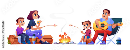 Happy family campers parents and children resting on nature isolated. Vector people sitting at campfire together, singing song, playing guitar, marshmallows on fire. Mother, father, son daughter