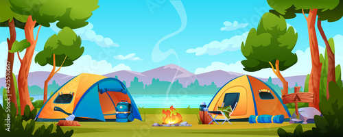 Campfire, camping hiking tents forest nature scenery, river or lake, mountains on background. Vector bonfire, tourist travel equipment, campsite with shelters, trekking tools, chair and ax, rucksack