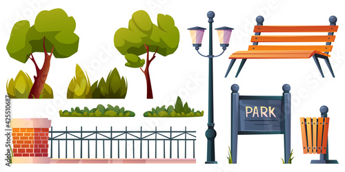 Park elements set isolated cartoon icons. Vector green trees, grass and bushes, street lamp and wooden bench, fence of forged metal and bricks, street waste litter bin and parkland notice board