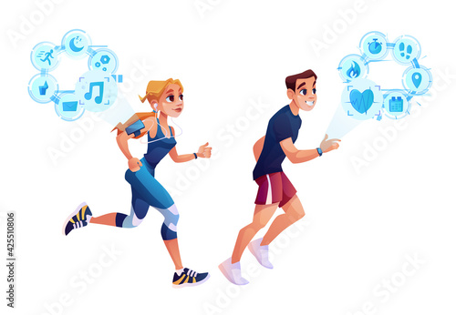 Smart run concept, man and woman jogging with smart watch health tracker application. Vector slimming people burning calories, monitoring heart rate, steps and gps route, workout time, listen to music
