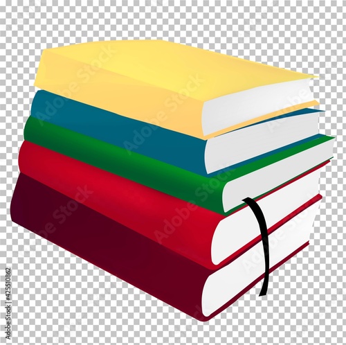 Stack of realistic hardback books with bookmark on transparent background. Education and hobby concept. 3d textbooks for studying a subject or reading books for the soul. Vector image.
