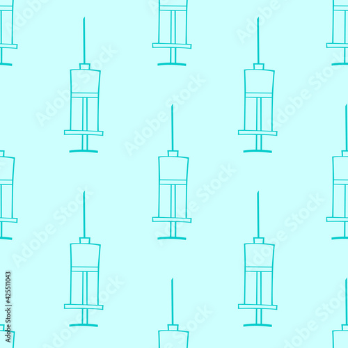 Vector seamless pattern with contour syringes. Hand drawn black outline doodle isolated. Medical background and texture. Equipment, vaccine to treat and protect against virus and vaccination