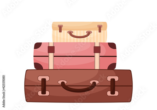 Set of vintage suitcases in cartoon style. Stylish retro travel bags. Vacation and Vacation Baggage Isolated on White Background
