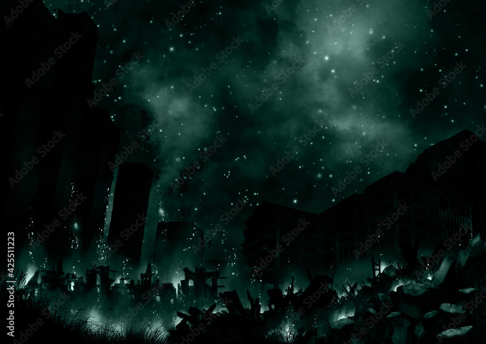 夜に星空の下で燃える廃墟の街の緑のイラスト Stock Illustration Adobe Stock