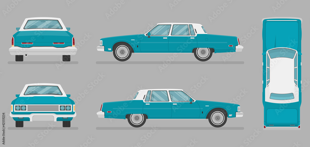 Car in different view. Front, back, top and side car projection. Flat illustration for designing. Vector sedan auto.