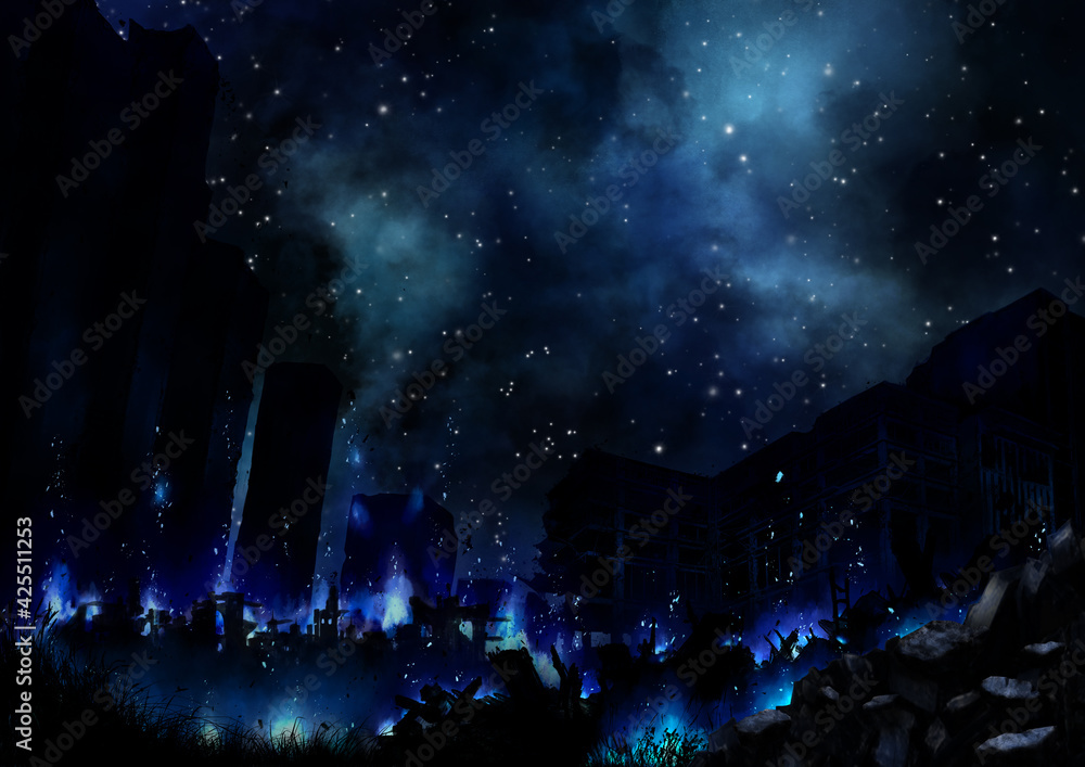 Obraz premium 夜に星空の下で青い炎で燃える廃墟の街