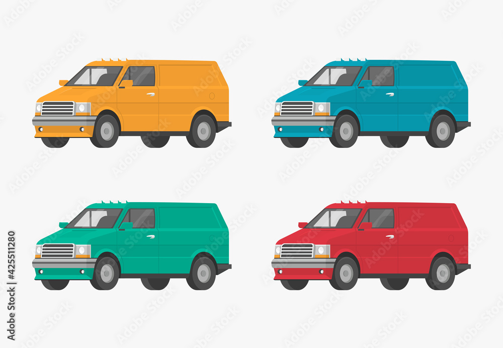 Urban vehicle. Van in 4 different colors. Flat cartoon illustration, orthogonal car for graphic and web design.