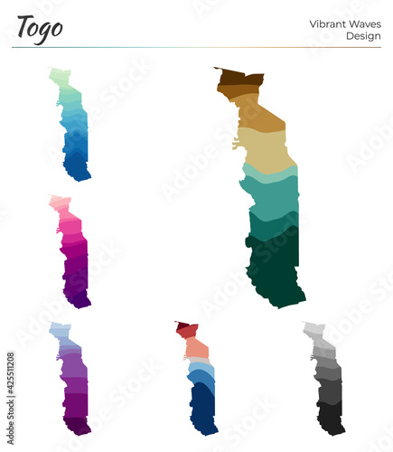 Set of vector maps of Togo. Vibrant waves design. Bright map of country in geometric smooth curves style. Multicolored Togo map for your design. Authentic vector illustration.