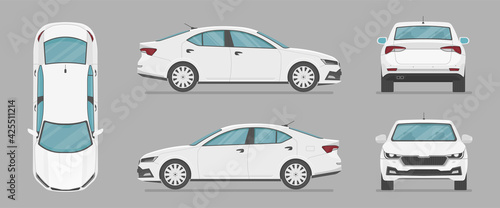 Car in different view. Front, back, top and side car projection. Flat illustration for designing. Vector sedan auto.