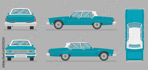 Car in different view. Front, back, top and side car projection. Flat illustration for designing. Vector sedan auto.