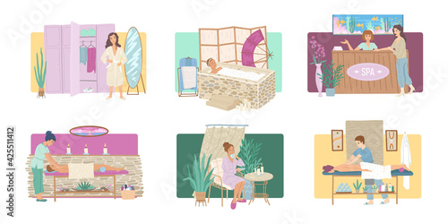 Collection of spa scenes, body massage and relaxation, health restoration in a salt bath, beauty massage treatments, a visit to a beauty salon. Vector