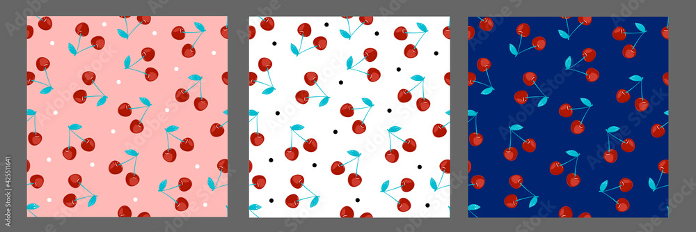 Set
patterns with cherries on a blue, pink and white background. Vector pattern with cherries. Web
Set
patterns with cherries on a blue, pink and white background. Vector pattern with cherries. Web