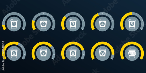 Coffee loyalty card concept with take away coffee cup icons. Buy 9 cups and get 1 for free. Cafe beverage promotion design template. Vector illustration.