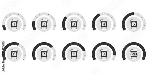 Coffee loyalty card concept with take away coffee cup icons. Buy 9 cups and get 1 for free. Cafe beverage promotion design template. Vector illustration.