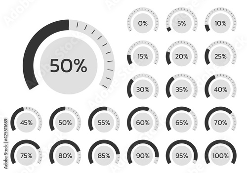 Percent chart set. Percentage gauge meter for business infographics. Loading speedometer with progress bar. Vector illustration.