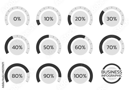 Percent chart set. Percentage gauge meter for business infographics. Loading speedometer with progress bar. Vector illustration.