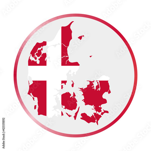 Denmark icon. Shape of the country with Denmark flag. Round sign with flag colors gradient ring. Trendy vector illustration.