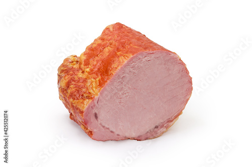 Boiled-smoked pork loin on a white background