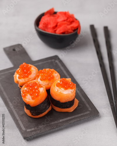 Different rolls and sushi. Asian cuisine.