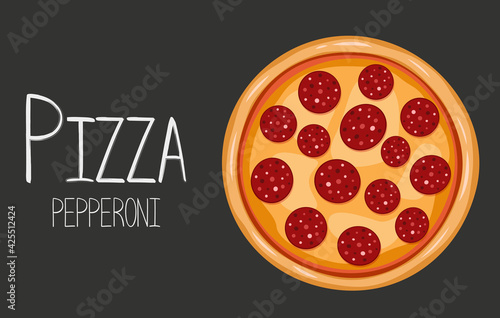 Peperoni pizza banner on dark background. Vector Italian traditional food. Delivery pizzeria.
