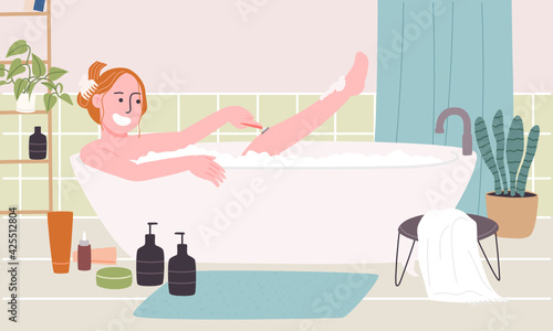 Flat style vector illustration of cartoon woman character take a bath in bathtub and shaving her legs in bathroom. Morning and night routine. Self caring ,cleaning, beauty at home.