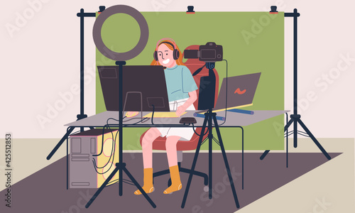 Flat style vector illustration of cartoon woman character live streaming in home studio with professional gaming equipments, green screen, dslr camera, ring light, gaming computer and laptop.
