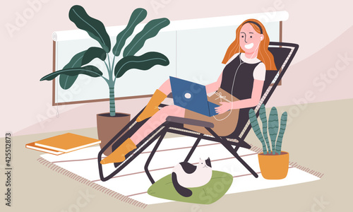 Flat style vector illustration of cartoon woman character chilling on chair with laptop and earphone in living room. Daily life activity during quarantine. Concept of hobby ideas that can do at home. 