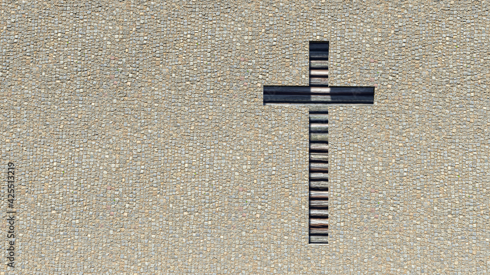 Concept or conceptual wooden logg cross on a stone pavement background. 3d illustration metaphor for God, Christ, Christianity, religious, faith, holy, spiritual, Jesus, belief or resurection