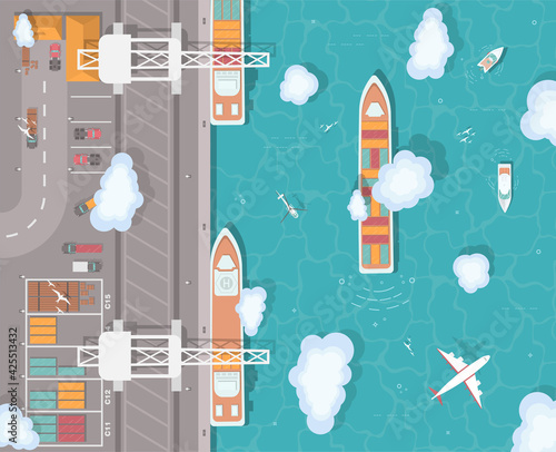 Cargo port in flat style. Top view. Container ship, cargo ship, yacht, boat and harbor, industry shipping transport, crane and dock. 