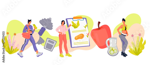 Healthy diet and weight loss banner with female characters, flat vector illustration isolated on white background. Diet and sport workout planning, healthy lifestyle.