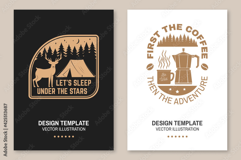 Let s sleep under the stars. Summer camp. Vector Flyer, brochure, banner, poster design with deer, coffee, camper tent in the night and forest silhouette. Let s sleep under the stars. Summer camp. Vector Flyer, brochure, banner, poster design with deer, coffee, camper tent in the night and forest silhouette.