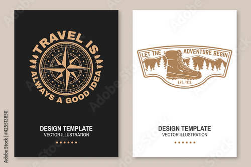 Let the adventure begin. Travel is always a good idea. Vector illustration Flyer, brochure, banner, poster design with hiking boots, mountains, sky and forest silhouette.