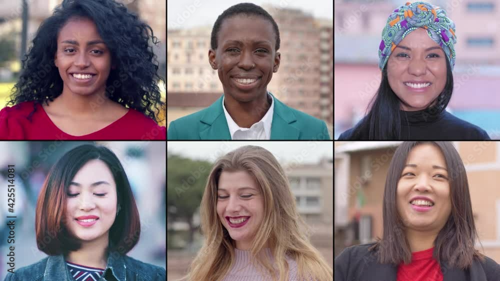 Group of six multiethnic girls smiling Group of six multiethnic girls smiling